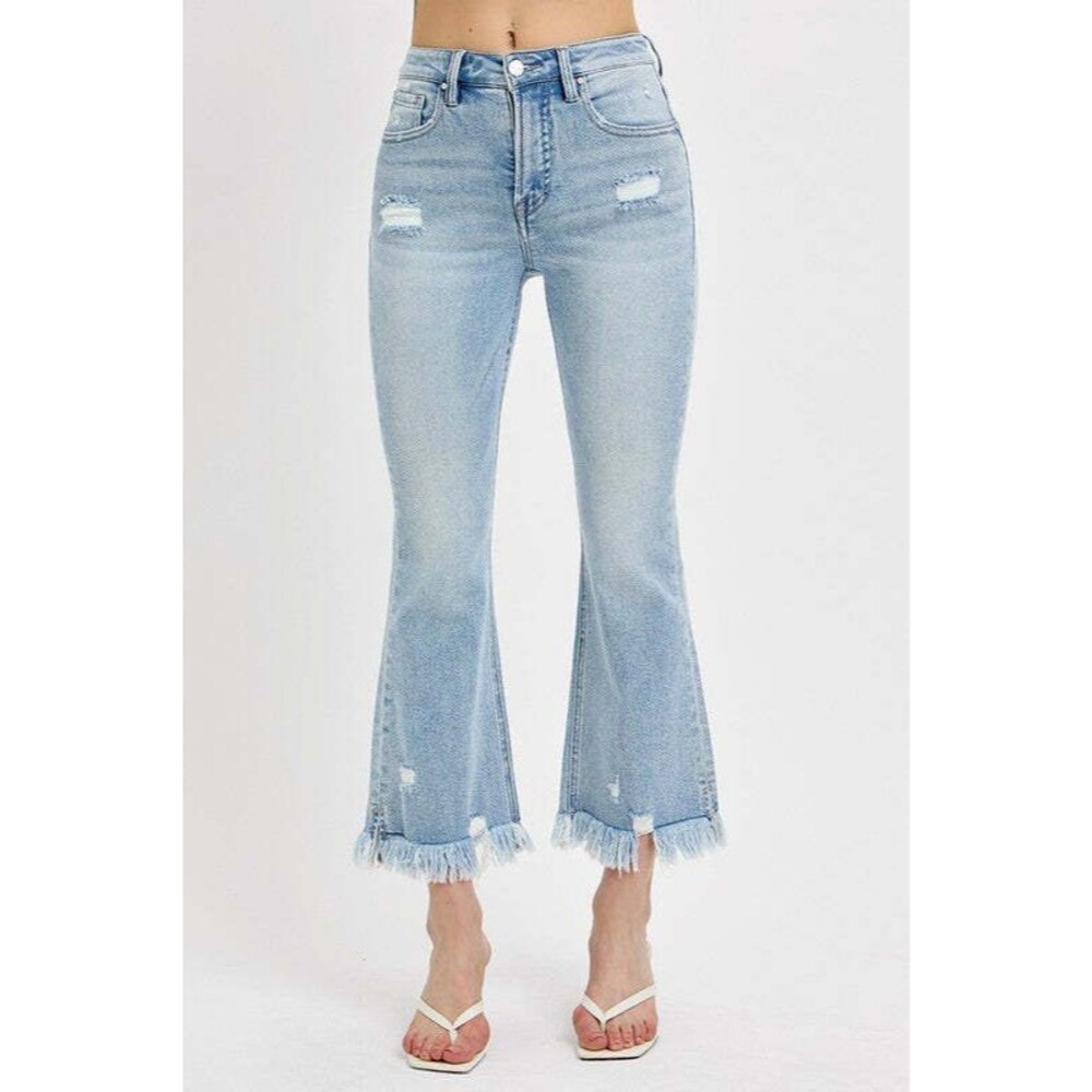 RISEN Raw Hem Distressed Cropped Flare Jeans NWT - Picture 4 of 4